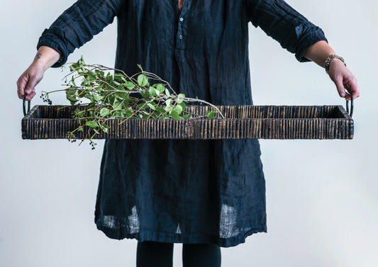 Decorative Rattan Tray with Metal Handles